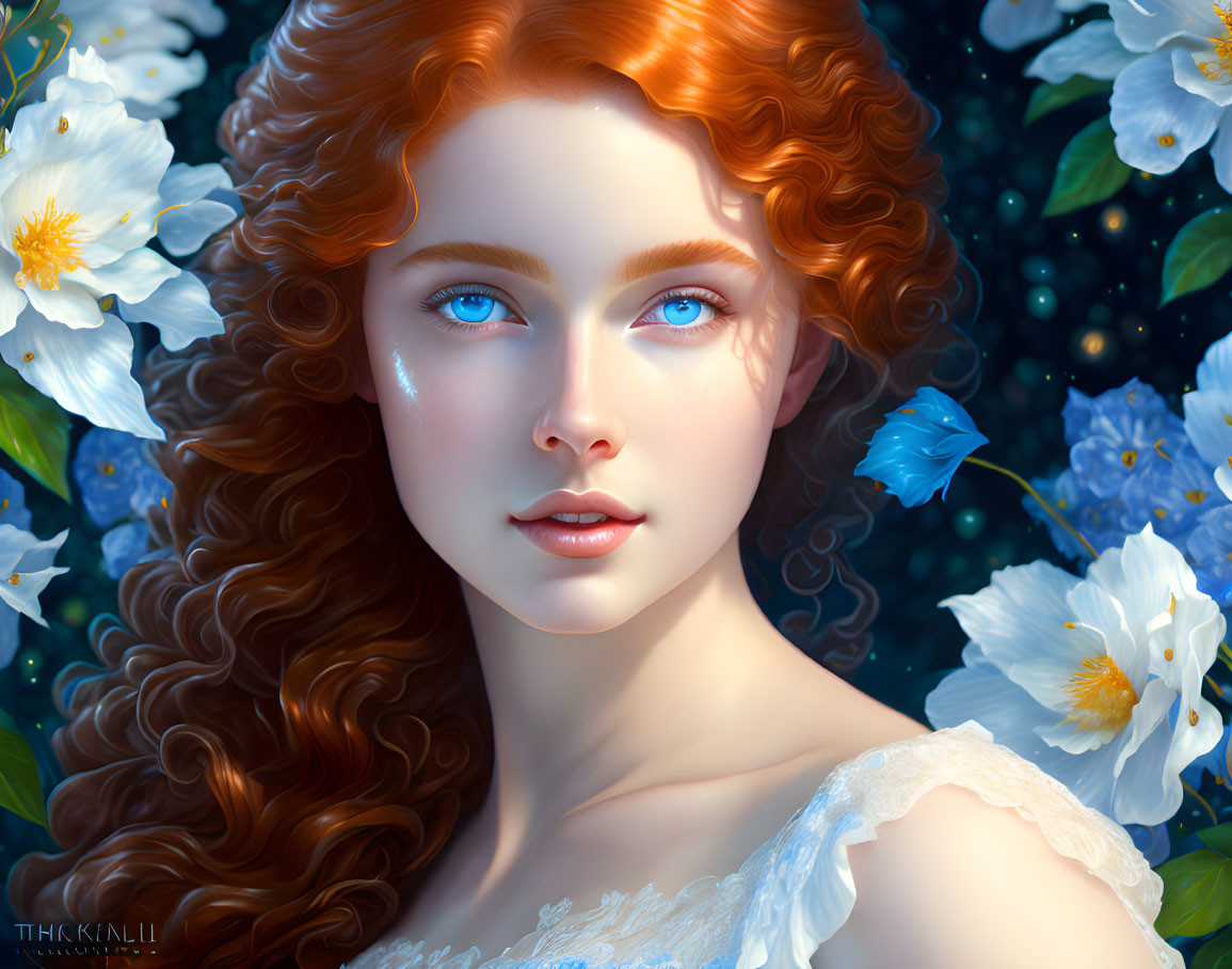 Digital Artwork: Woman with Blue Eyes, Red Hair, and Blue Flowers