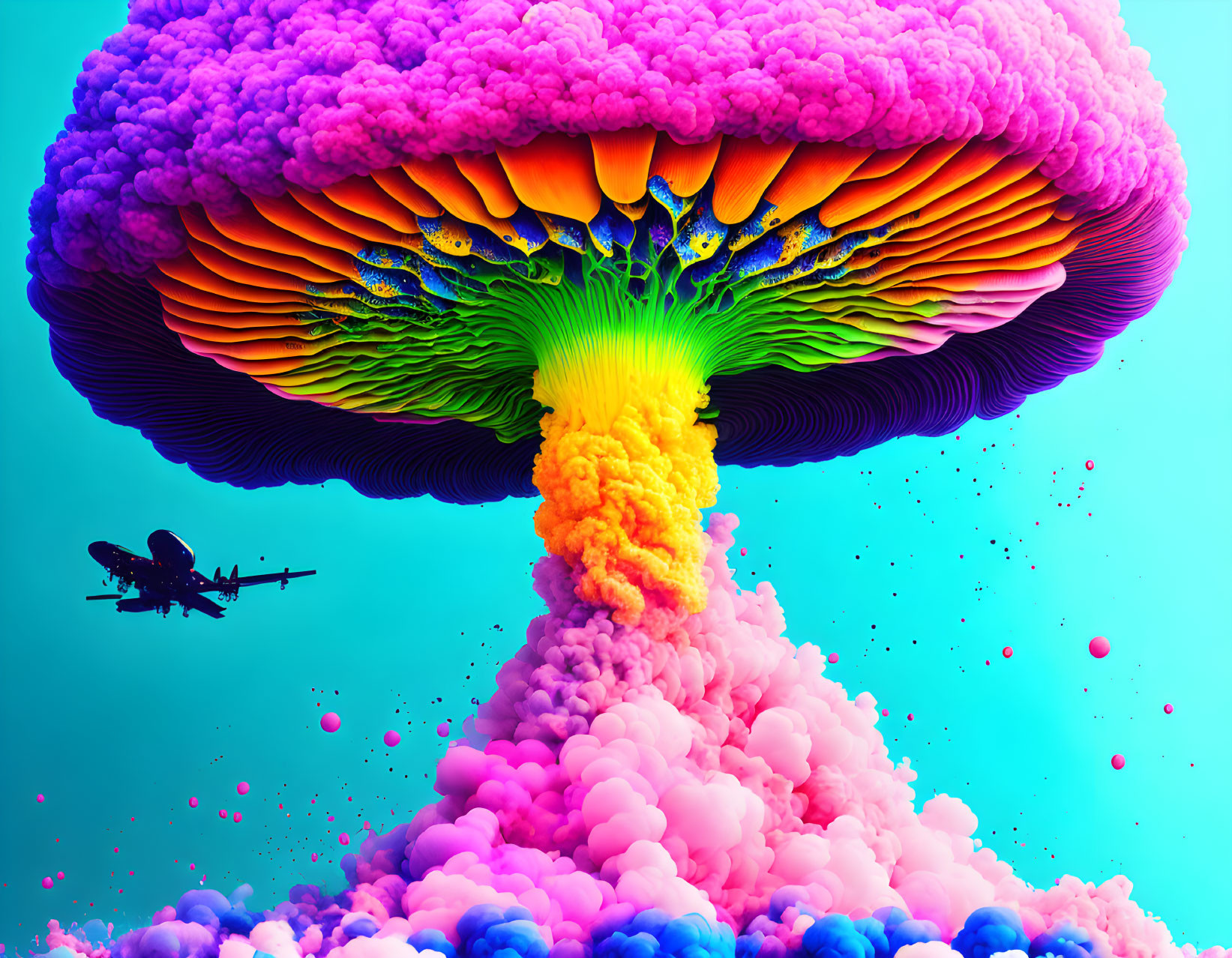 Colorful Stylized Mushroom Cloud Explosion with Airplane Silhouette on Gradient Background