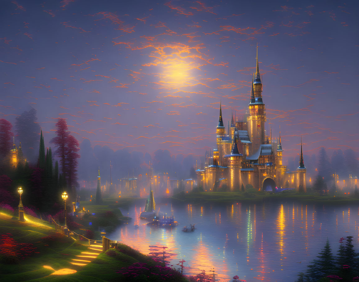 Enchanting castle by tranquil river under twilight sky