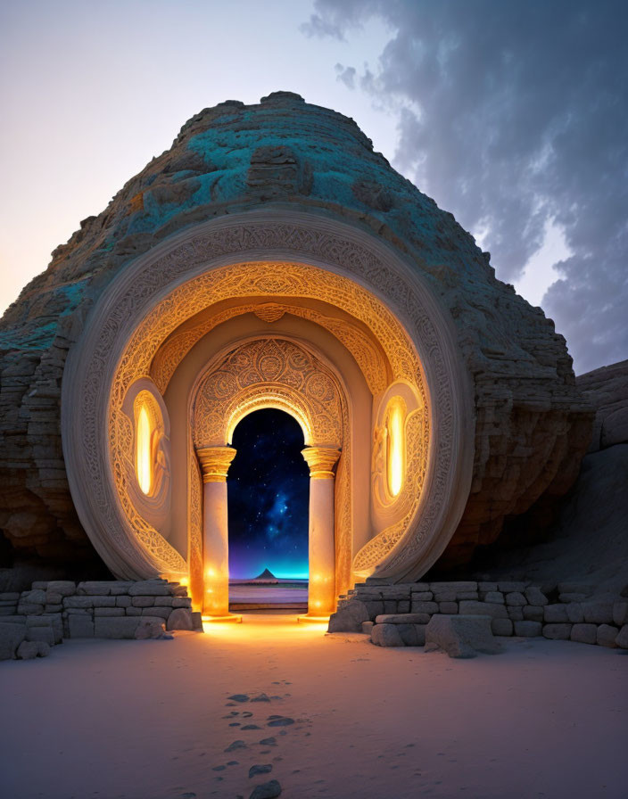 Ornate illuminated desert entrance under starry night sky