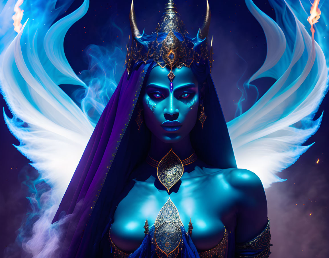 Blue-skinned female figure with gold headdress in cosmic flames.