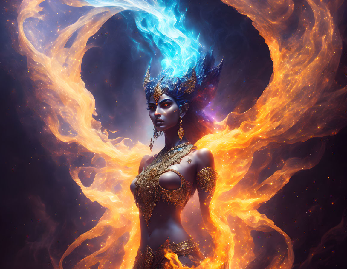 Mystical female figure with elaborate headgear in fiery cosmic scene