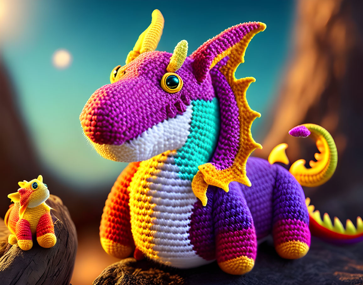 Colorful Crocheted Dragon Toy with Multicolored Scales and Green Eyes