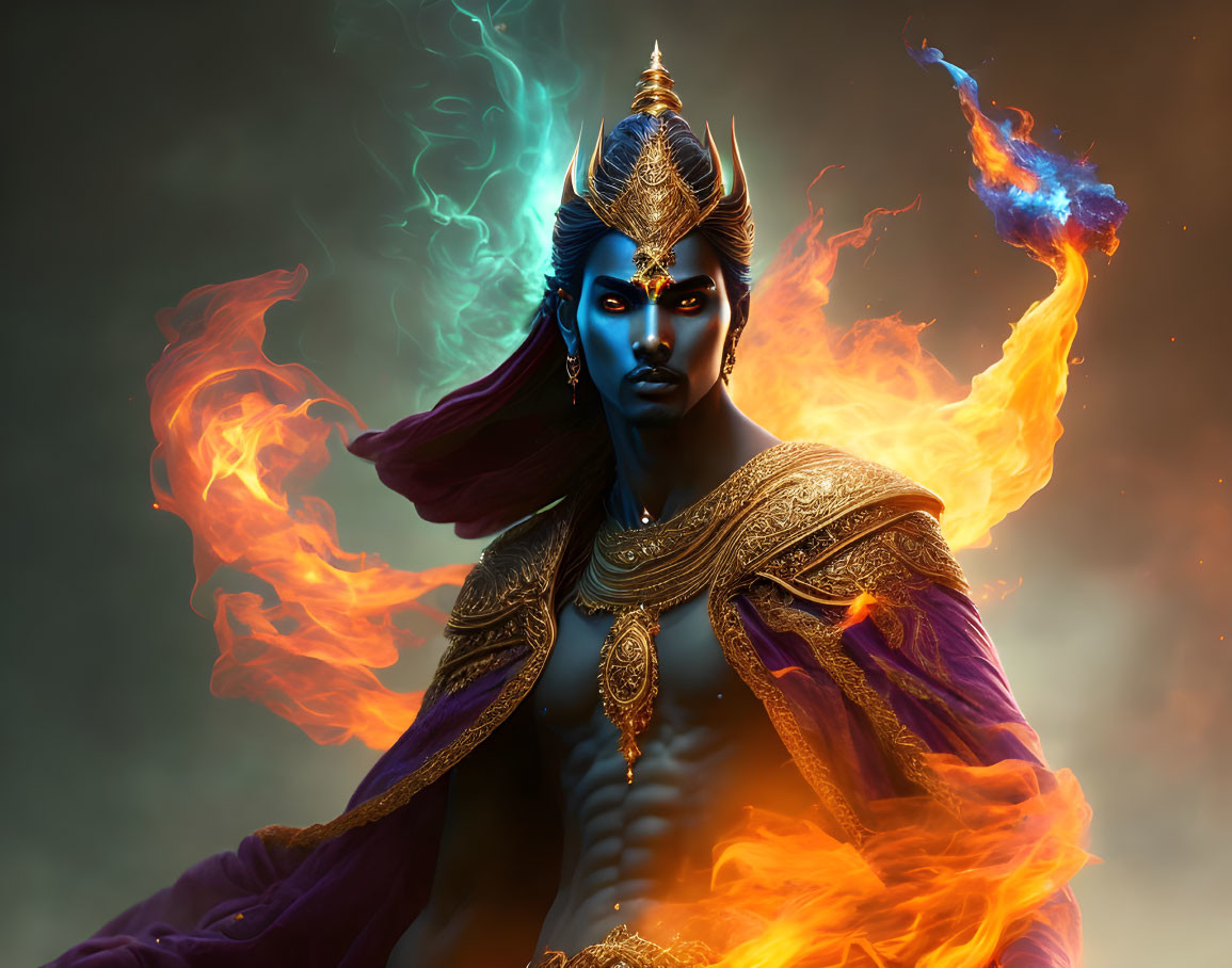 Blue-skinned character in regal attire with crown, surrounded by blue and orange flames