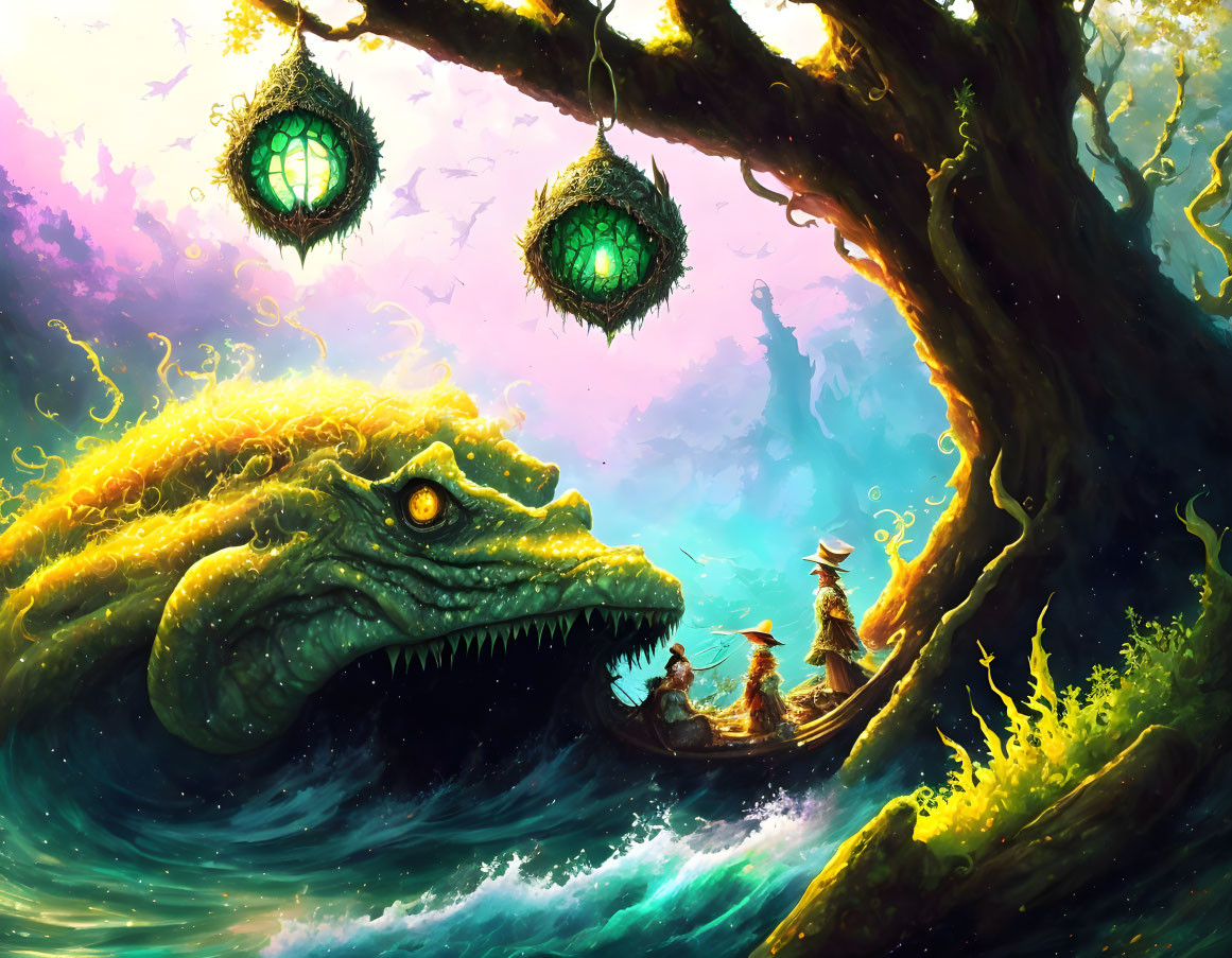 Colorful illustration: Giant reptilian creature, boat with figures, glowing lanterns under a tree