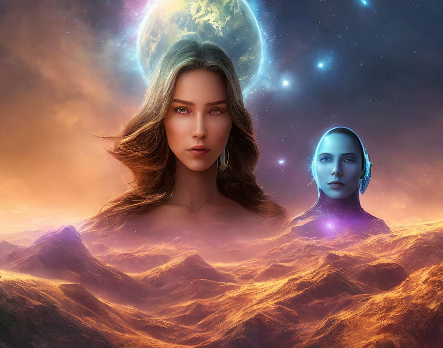 Surreal portrait of woman with flowing hair against cosmic background featuring second woman's face overlaying celestial