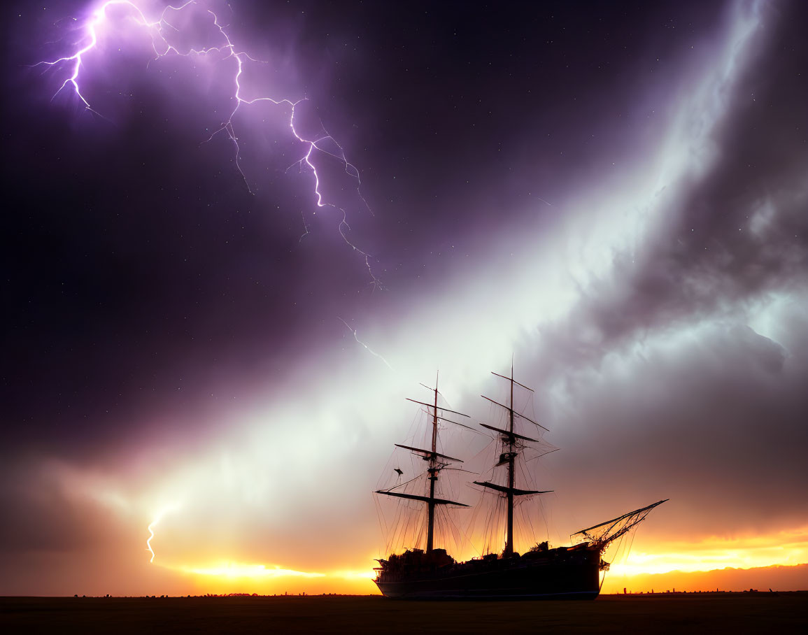 Tall Ship Silhouetted Against Dramatic Twilight Sky