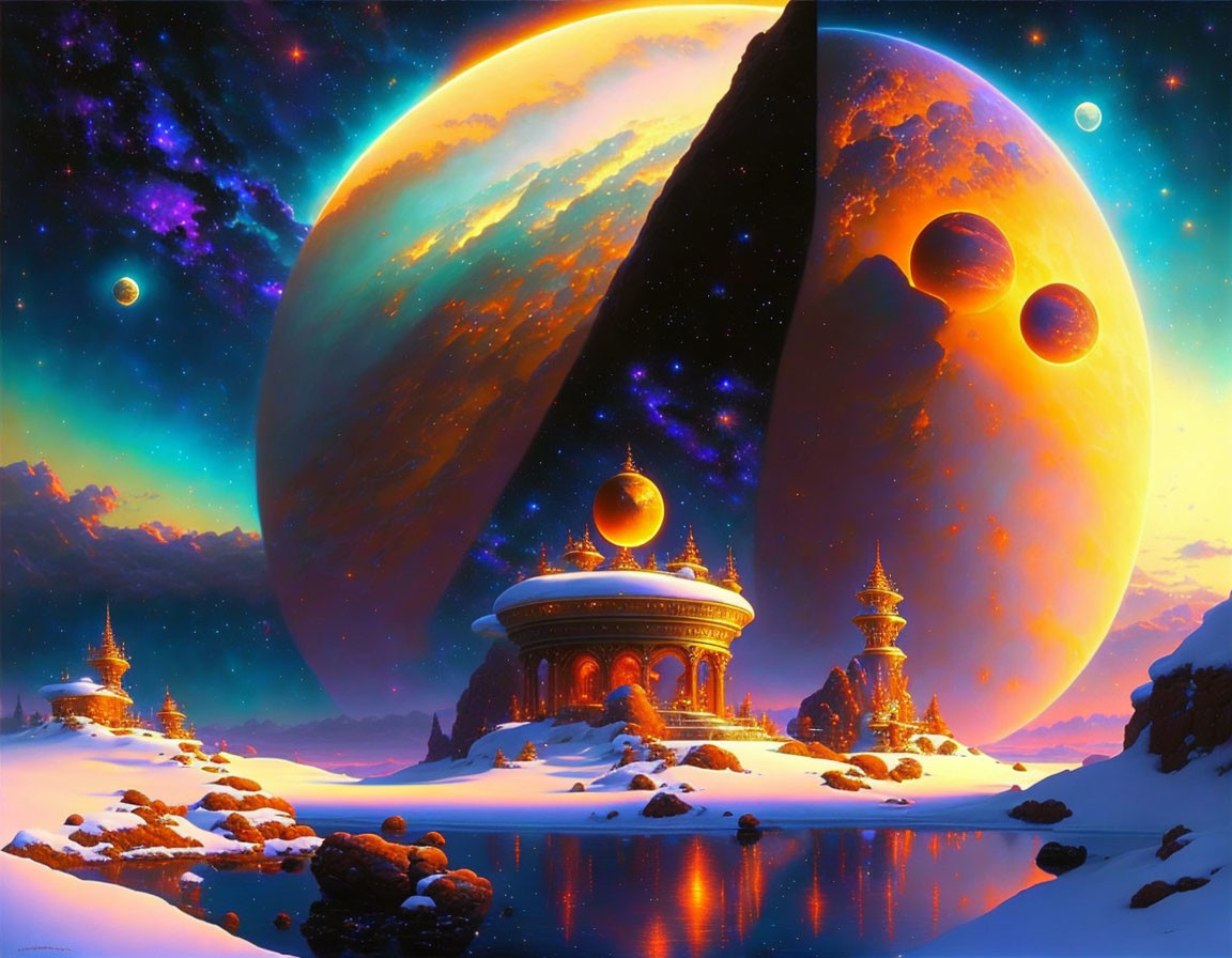 Fantastical snowy landscape with ornate buildings and alien planets.