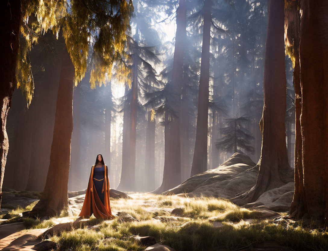 Woman in flowing dress among misty sequoias under sunlight.