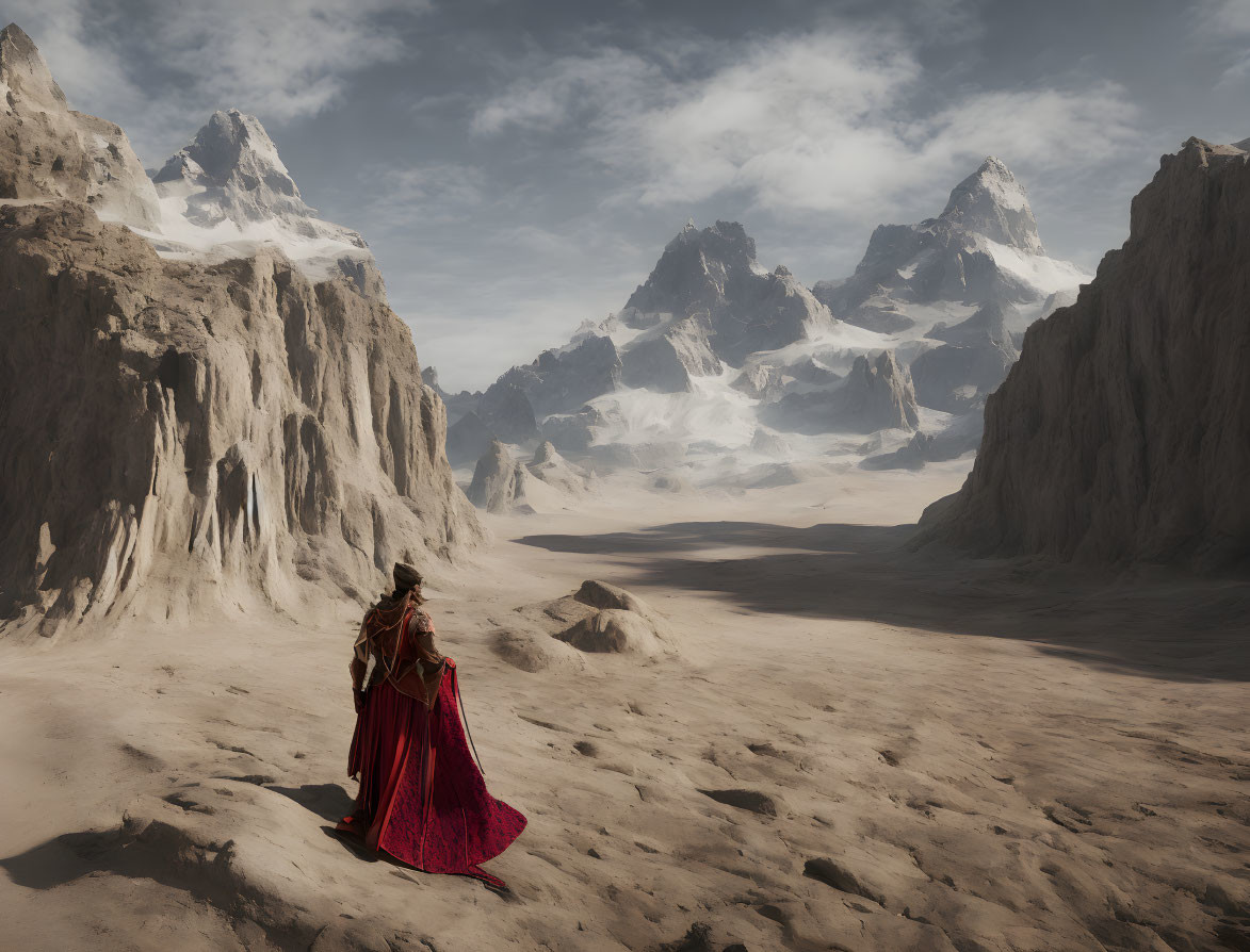 Person in Red Cloak in Desert Landscape with Mountains