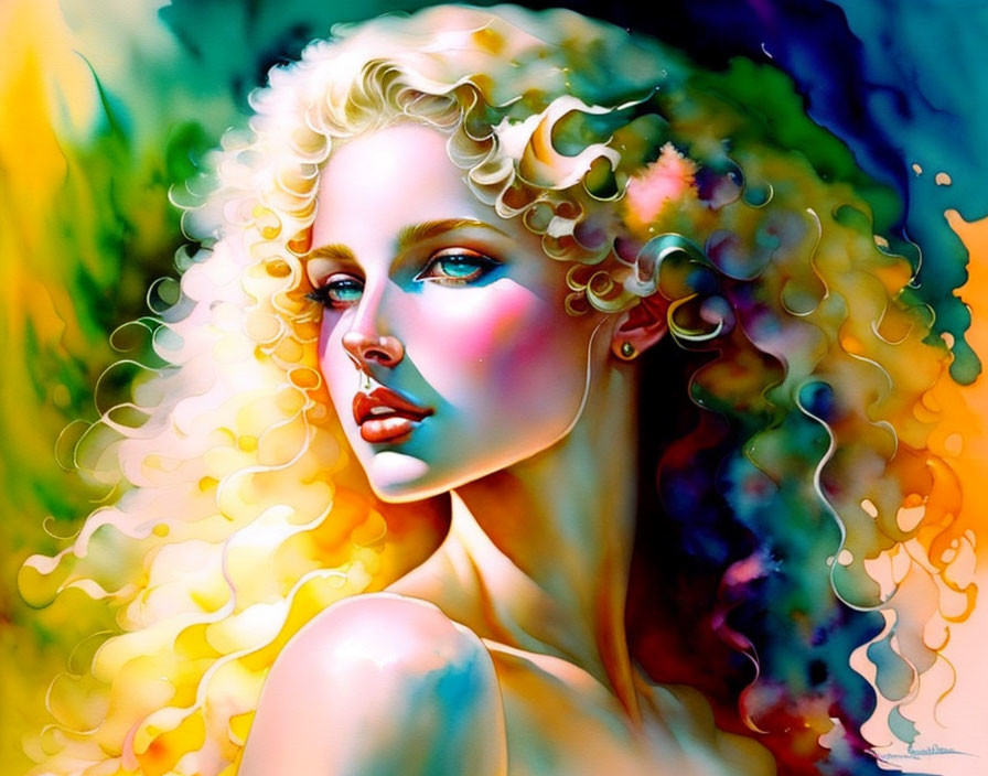 Colorful Abstract Artwork: Woman with Curly Blonde Hair & Blue Eyes