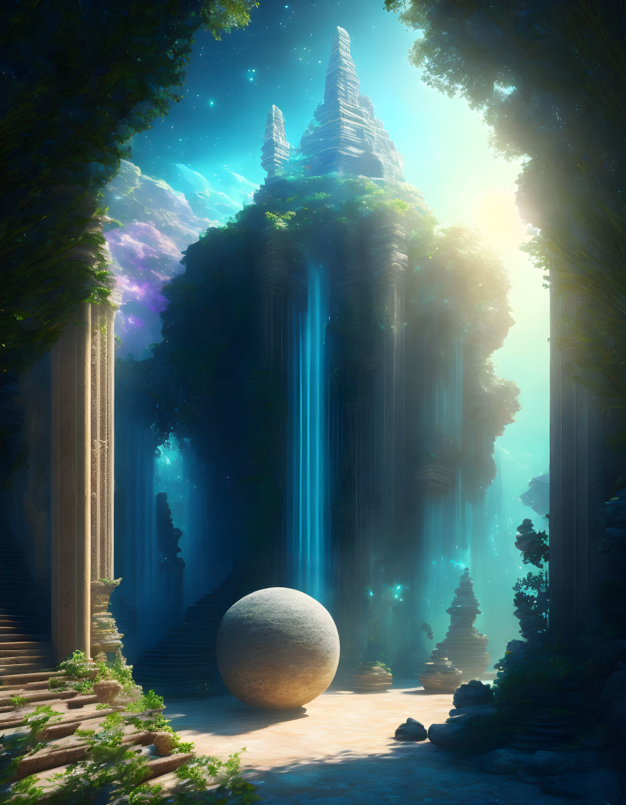 Ancient ruins and cosmic sky in mystical forest setting