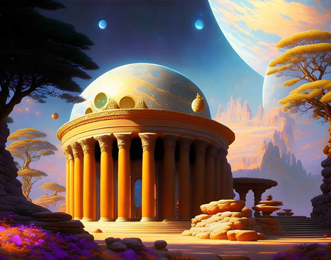 Fantasy landscape with classical dome structure and alien flora under multiple moons at dusk