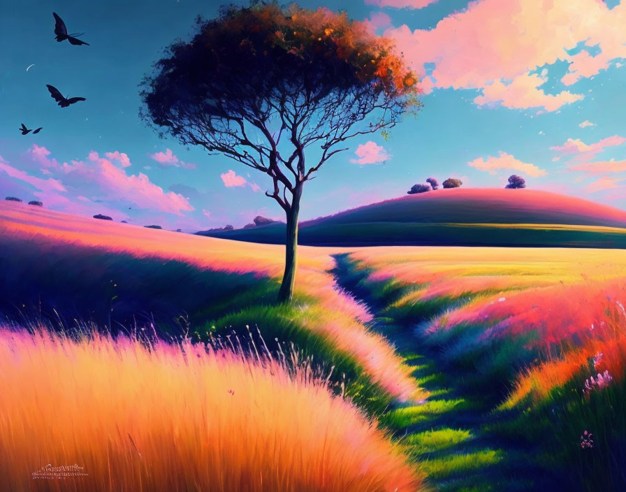 Colorful landscape with tree, hills, flora, sunset sky, and birds