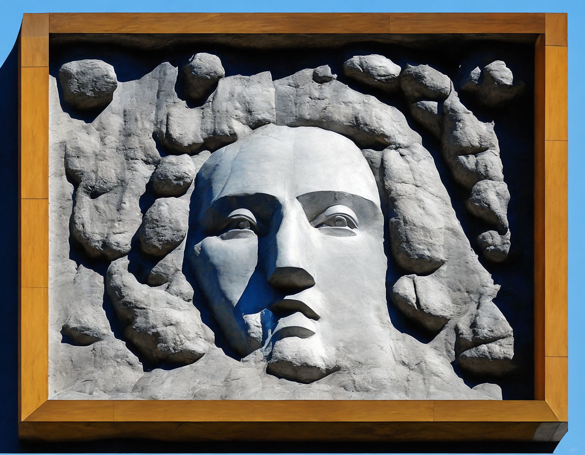 Abstract high-relief face sculpture in wooden frame against blue sky