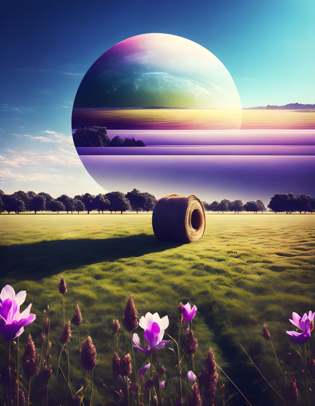 Surreal landscape with planet-like object in sky above purple flowers, trees, and hay bale