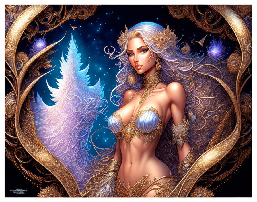 Fantasy artwork: Woman with ethereal wings and ornate jewelry on starry background.