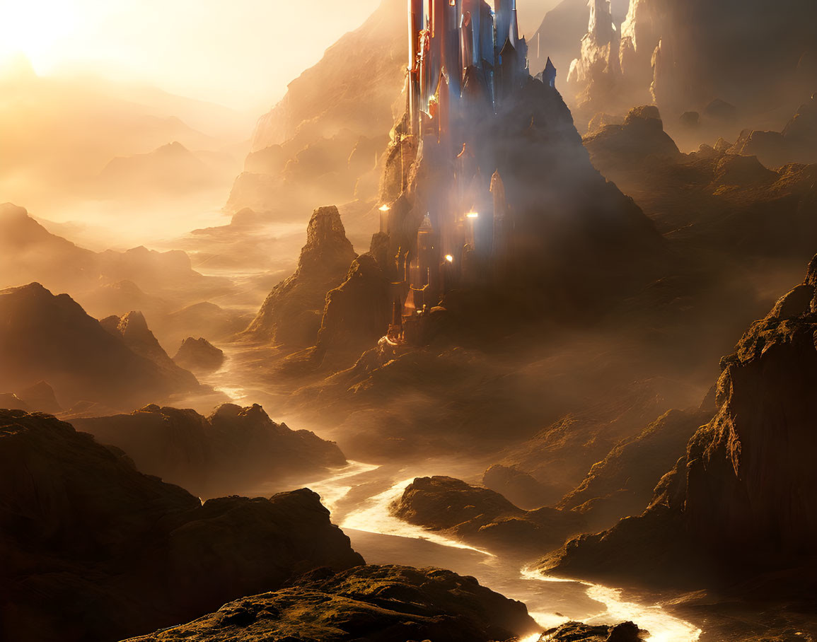 Mystical landscape with sunlit mist, mountains, river, and ethereal lights