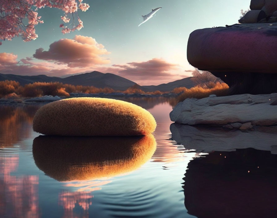 Surreal landscape with giant loofah by tranquil lake at sunset