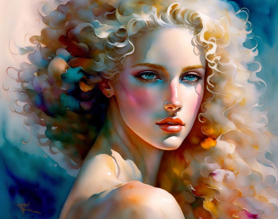 Illustrated portrait of woman with curly blonde hair and blue eyes on abstract blue background