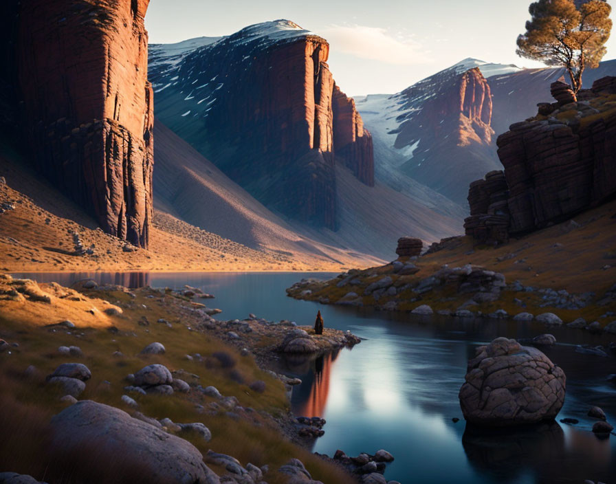 Tranquil sunset scene: red cliffs, blue lake, person reflecting by water