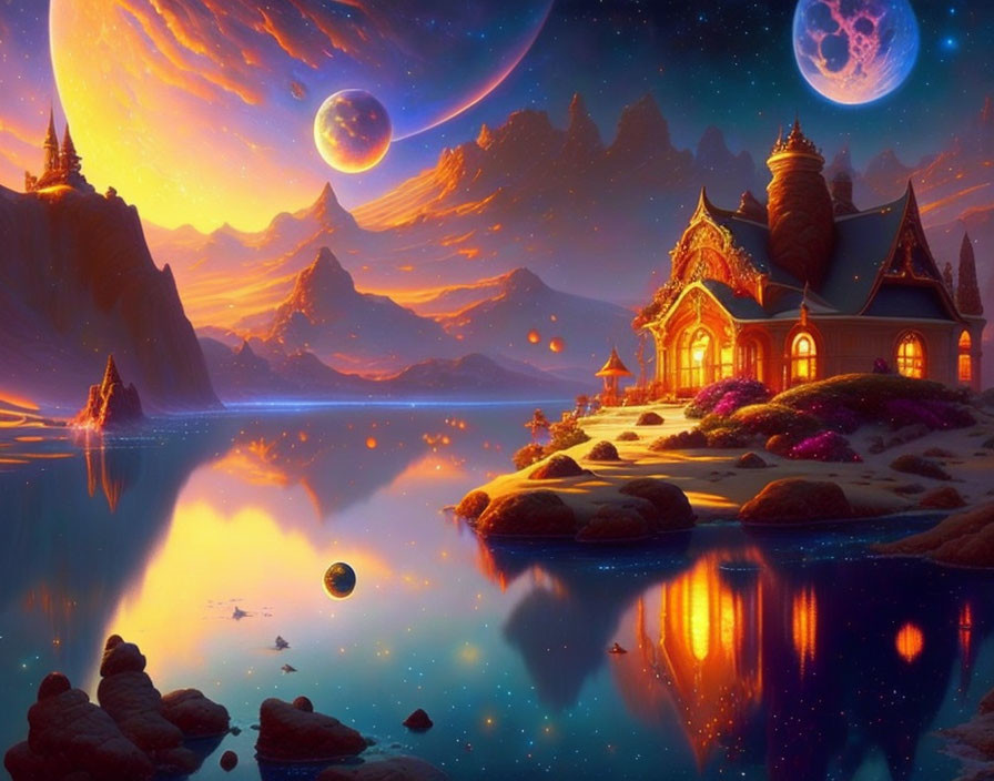 Fantasy landscape with glowing cottage, lake, mountains, moons, and stars