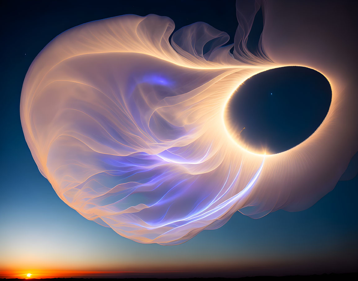 Translucent swirling shell structure against sunset sky