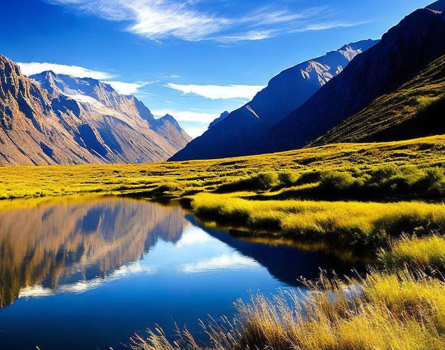 Scenic Mountain Lake with Vibrant Yellow Wild Grass