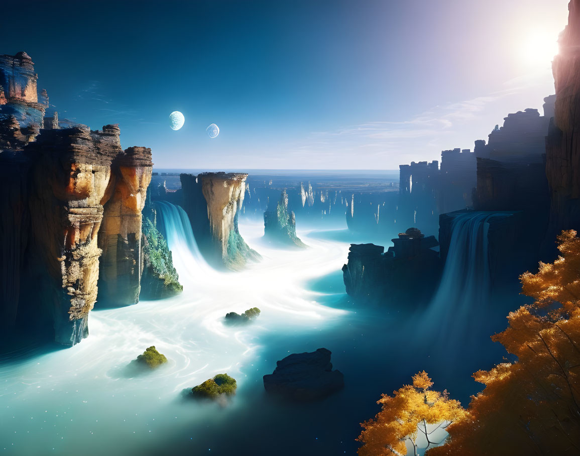 Surreal landscape with towering rock formations and multiple moons