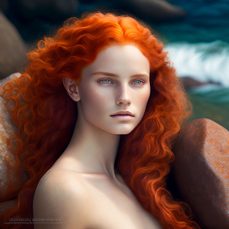 Digital Artwork: Woman with Orange Hair and Blue Eyes by Rocks and Sea