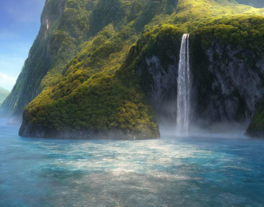 Tranquil waterfall cascading into blue sea with lush green cliff