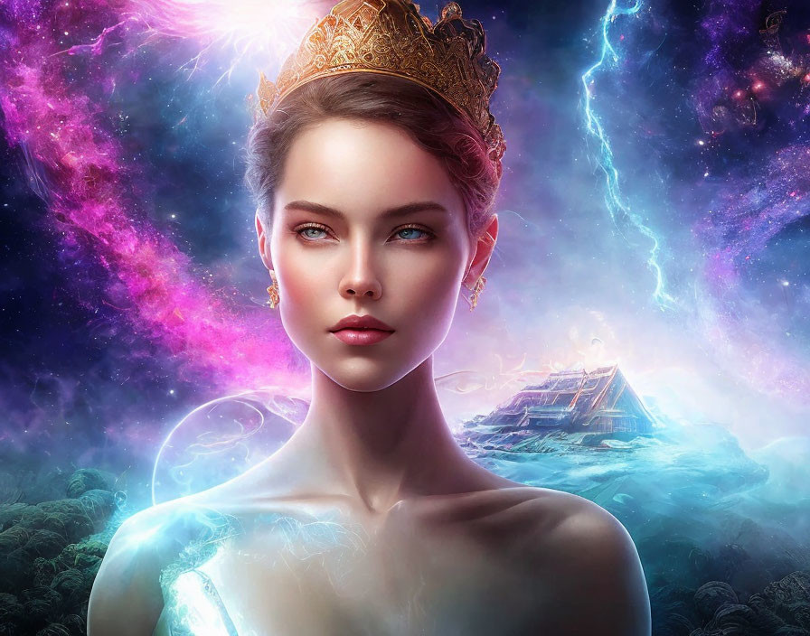 Regal Woman with Golden Crown on Cosmic Background