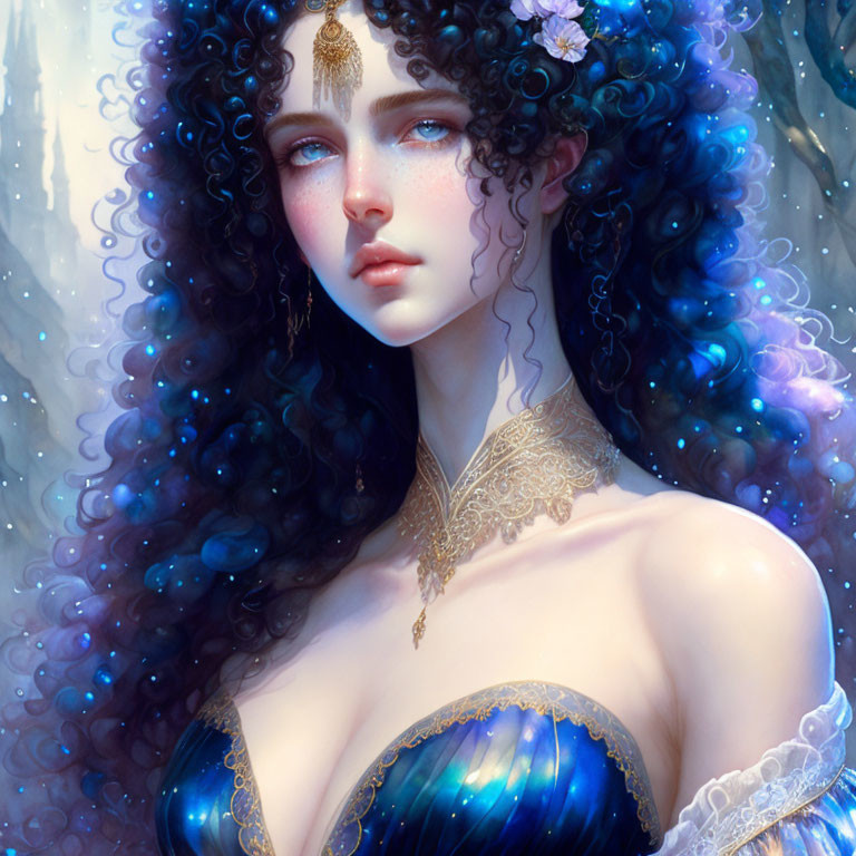 Voluminous Curly Black Hair and Ethereal Blue Dress Portrait