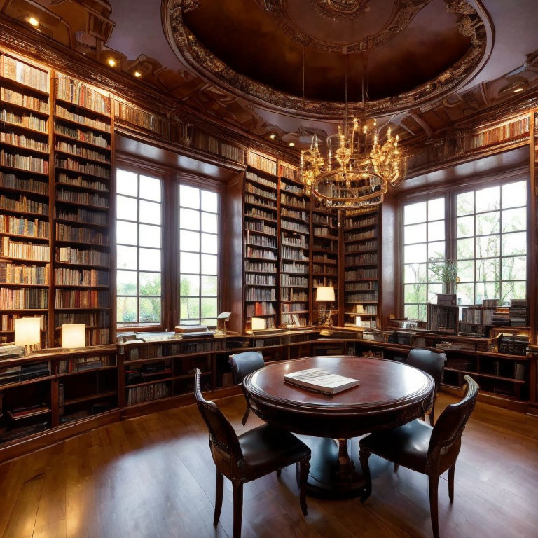 Sophisticated library room with bookshelves, central table, chandelier, and tall windows