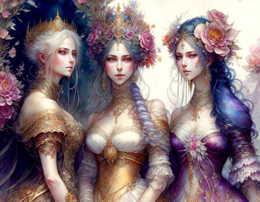 Ethereal women in floral crowns and regal attire in gold, pink, and blue.