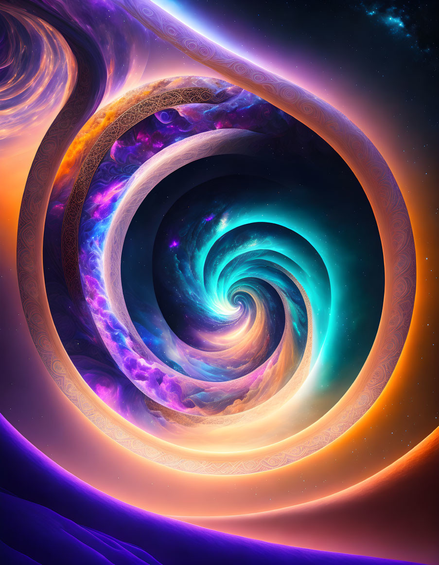 Abstract cosmic swirl in blues, purples, and oranges