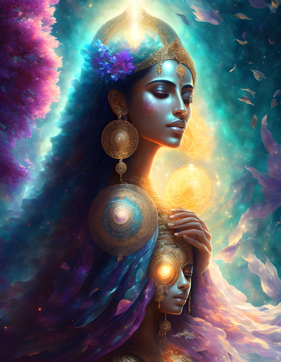 Celestial-themed artwork with two figures and glowing orbs