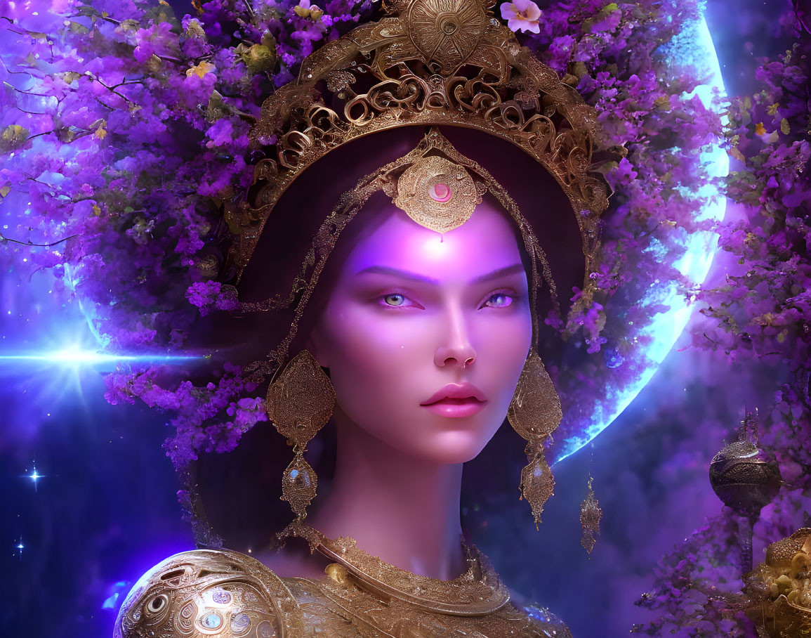 Mystical woman in golden armor with regal headdress among purple blossoms