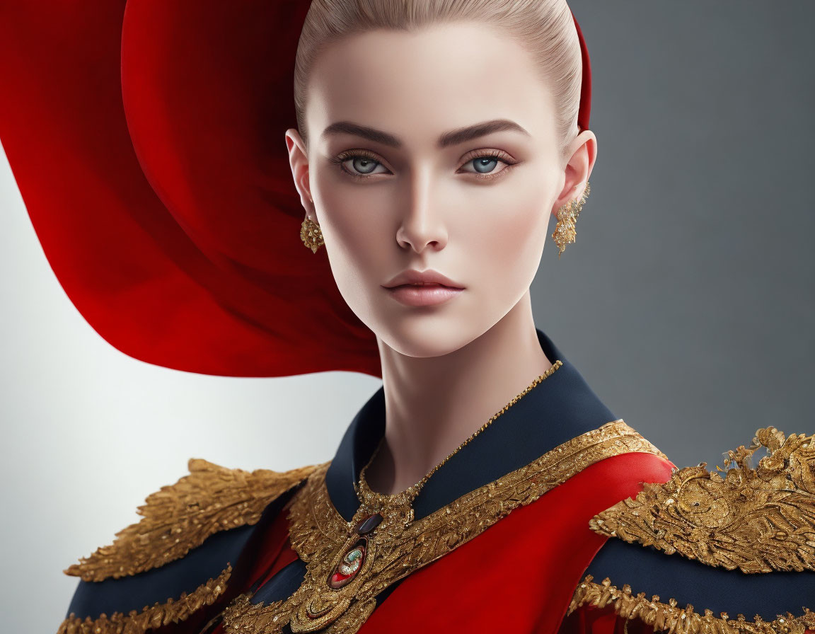 Portrait of Woman in Red Hat with Slicked-Back Hair and Military-Inspired Outfit