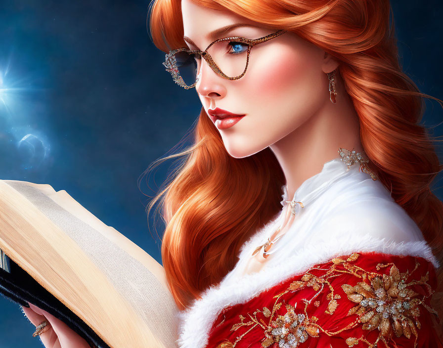 Digital artwork of woman with red hair and blue eyes in glasses, red and white dress, reading book