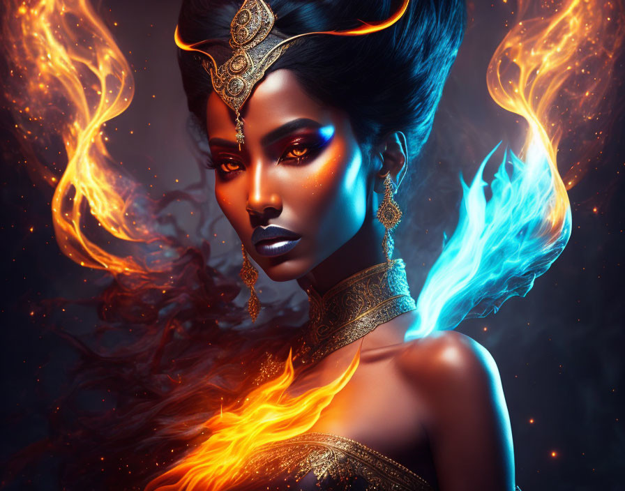 Dark-skinned woman with fiery makeup, hair, and dress on dark backdrop