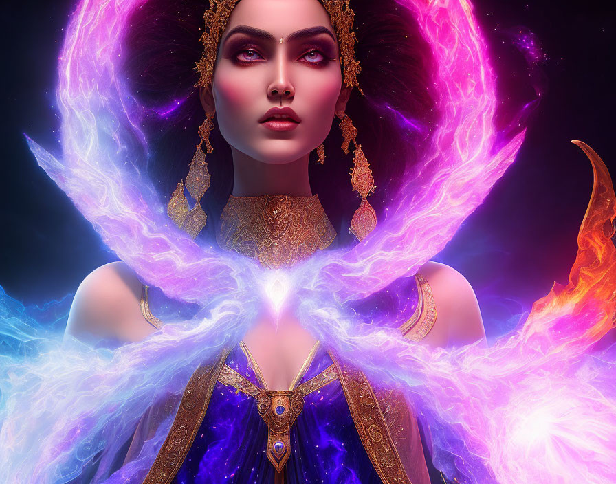 Digital illustration of woman with mystical energy, adorned in golden jewelry and purple garment.