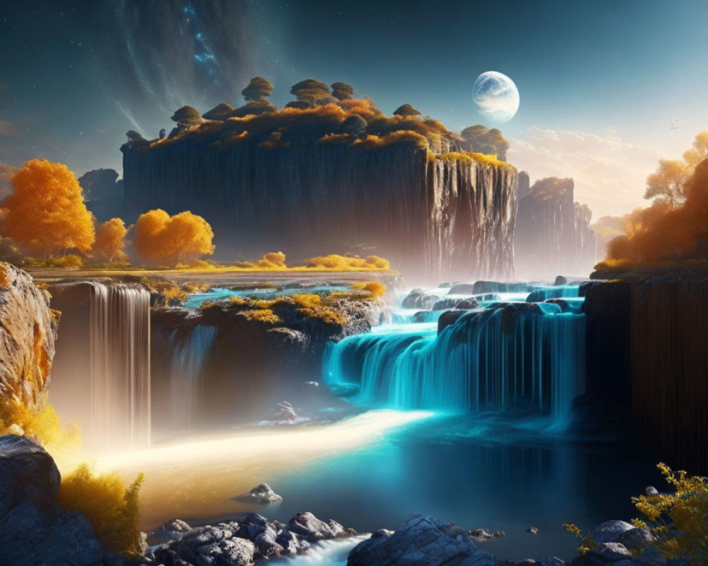 Fantastical landscape with towering plateau, waterfalls, autumn trees, twilight sky, large moon