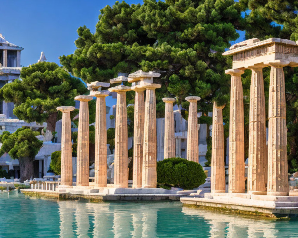 Ancient Greek-style pillars and ruins near reflective blue water, surrounded by lush green trees and clear blue