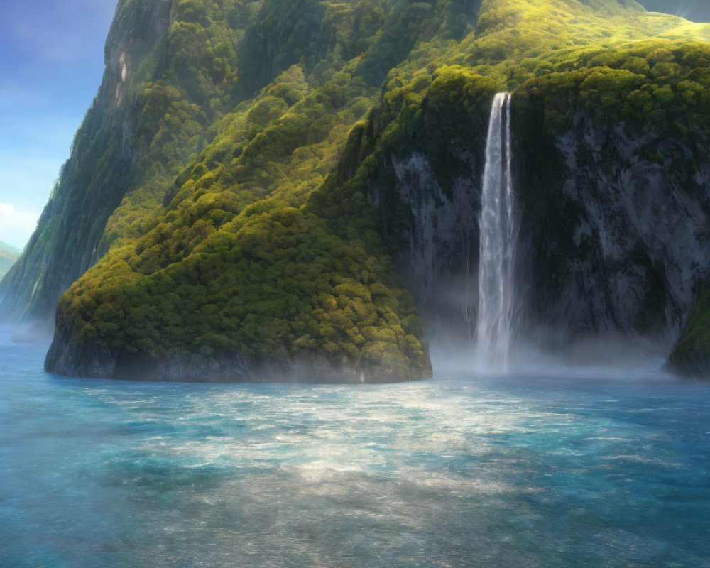 Tranquil waterfall cascading into blue sea with lush green cliff