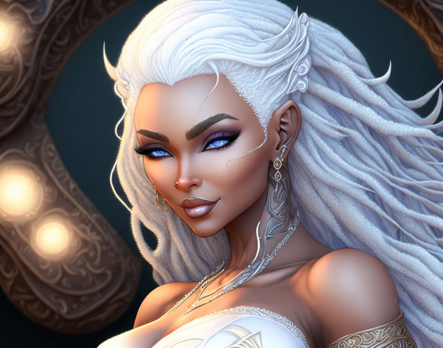 Digital Artwork: Woman with White Hair and Silver Jewelry