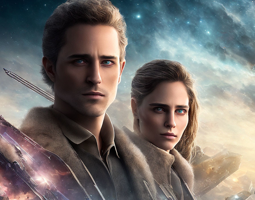 Man and woman superimposed on cosmic backdrop in sci-fi theme.