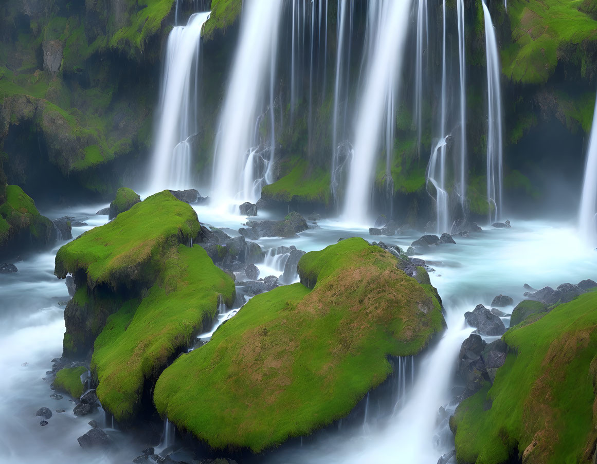 Tranquil waterfall over mossy rocks in lush setting