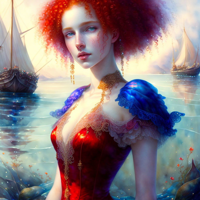 Fantasy portrait of woman with red curly hair and blue eyes in red and gold dress by calm seas