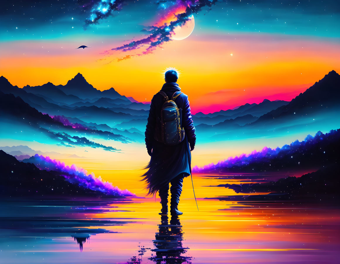 Traveler admires vibrant sunset over water and silhouetted mountains at night.